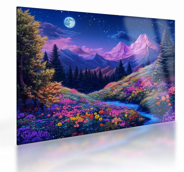 Skleněný obraz - Fialová krajina v úplňku (70x50 cm)