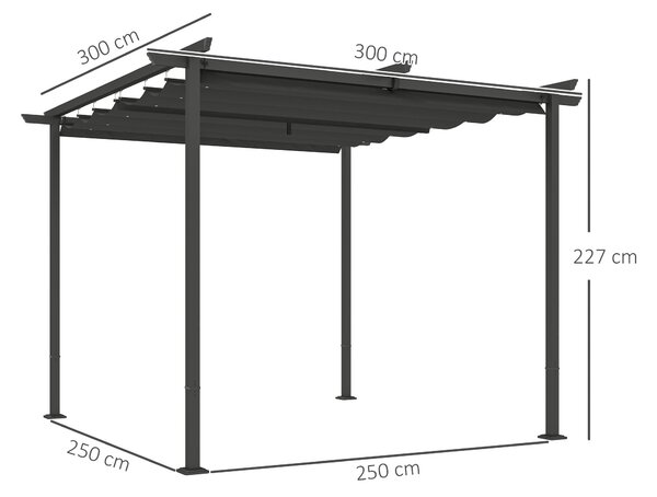 Outsunny Pergola 3x3m Zahradní Pavilon Terasový Kryt z Kovového Materiálu, Zahradní Pergola s Nastavitelnou Sluneční Clonou, UV Ochrana 30+ Samostatný