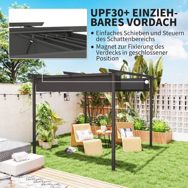 Outsunny Pergola 3x3m Zahradní Pavilon Terasový Kryt z Kovového Materiálu, Zahradní Pergola s Nastavitelnou Sluneční Clonou, UV Ochrana 30+ Samostatný
