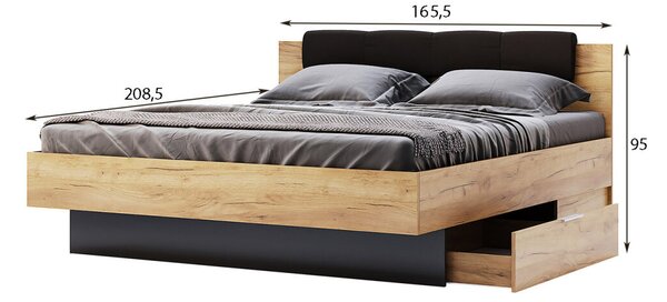Postel 160x200, čalouněné čelo se šuplíky (bez rámu) Lava / dub kraft Luna