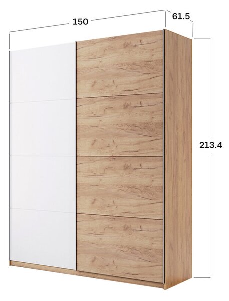 Skříň s posuvnými dveřmi 1,5x2,1m (Dveře Dub Kraft/Lesklá Bílá) série N Asti