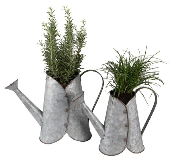 2ks plechové antik obaly na květináče ve tvaru konve v saku – 40x16x29 / 32x14x24 cm