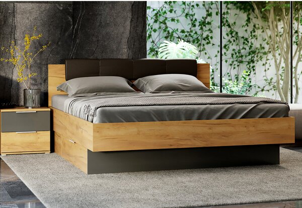 Sada Postel 180x200, měkké čelo, s nočními stolky (bez rámu) Lava / dub kraft Luna