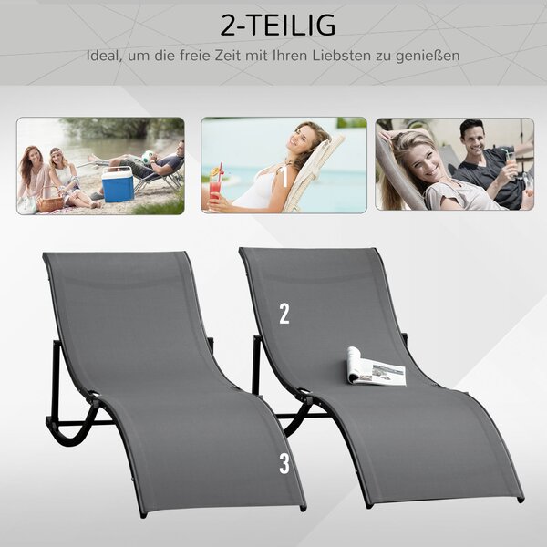 Outsunny 2dílná sada slunečních lehátek, zahradní lehátka, ergonomické hliníkové lehátko z textilénu, tmavě šedé 165 x 61 x 63 cm | Aosom