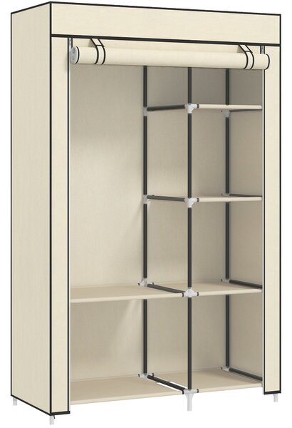 HOMCOM Tkaninová skříň s 6 policemi, věšákem na oblečení a sklopným zipovým kabinetem pro šatnu nebo ložnici, 103 x 43 x 162,5 cm, krémová | Aosom