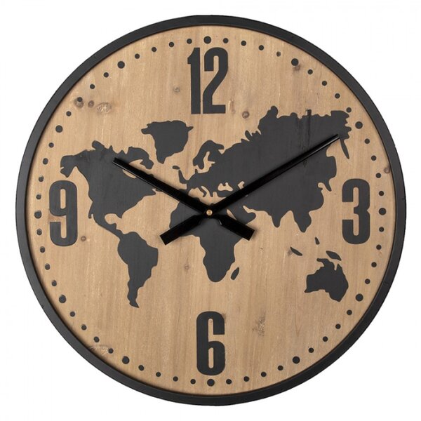 Hnědo černé nástěnné hodiny s mapou světa – 50x4 cm