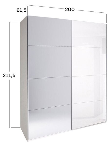 Skříň s posuvnými dveřmi 2.0x2.1m (Dveře Lesklá Bílá/Zrcadlo), série N Family