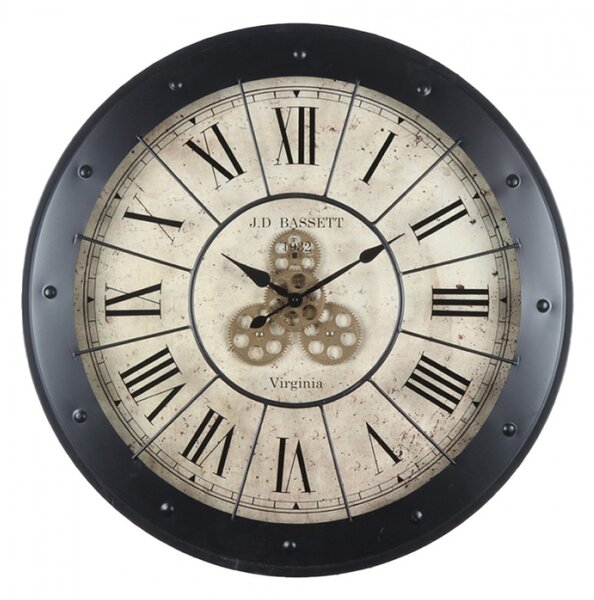 Černé kovové nástěnné hodiny s ozubenými kolečky Juliette – 80x9 cm
