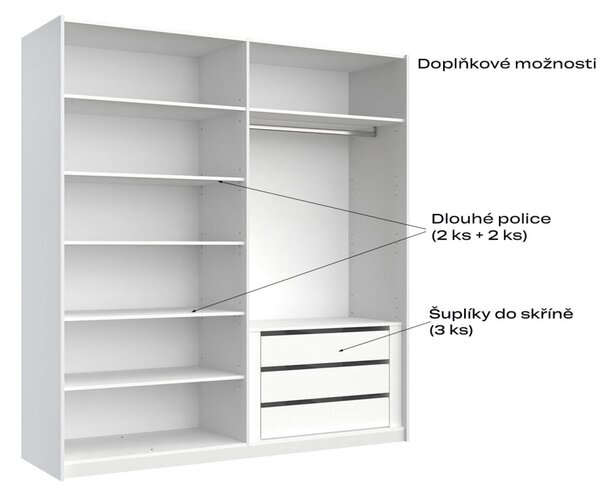Skříň s posuvnými dveřmi 2.0x2.1m (Dveře Lesklá Bílá/Zrcadlo), série N Family