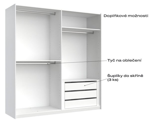 Skříň s posuvnými dveřmi 2.0x2.1m (Dveře Lesklá Bílá/Zrcadlo), série N Family
