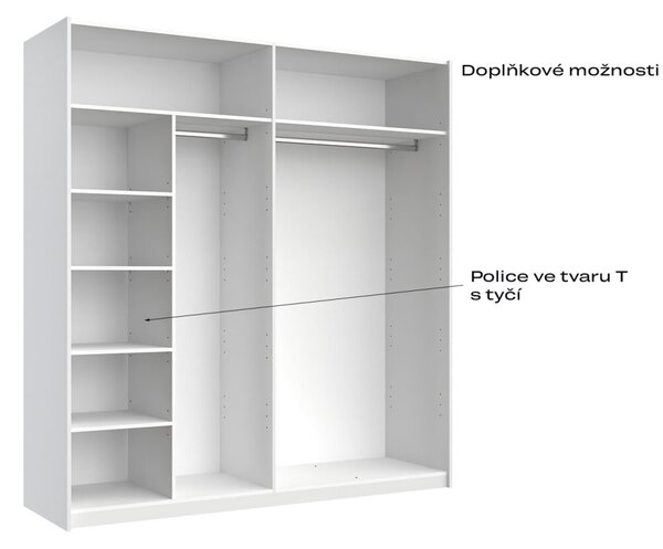 Skříň s posuvnými dveřmi 2.0x2.1m (Dveře Lesklá Bílá/Zrcadlo), série N Family