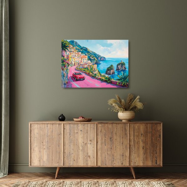 Skleněný obraz - Růžová silnice na pobřeží (70x50 cm)
