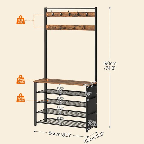 Předsíňový věšák s botníkem Vasagle Vindy 80 cm černý/hnědý