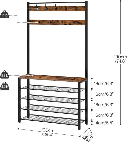 Předsíňový věšák s botníkem Vasagle Mjora 100 cm černý/hnědý