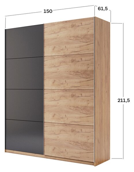 Skříň s posuvnými dveřmi 1.5x2.1m (Dveře Dub Kraft/Mat Láva), série N Luna