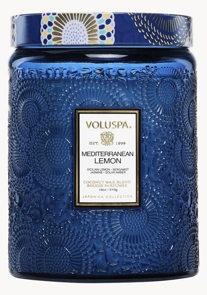 Ručně vyrobená vonná svíčka Mediterranean Lemon (citron, bergamot, jasmín a sluneční ambra)