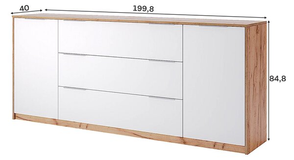 Komoda 2 dveře 3 zásuvky 200 cm dub kraft / bílá Asti