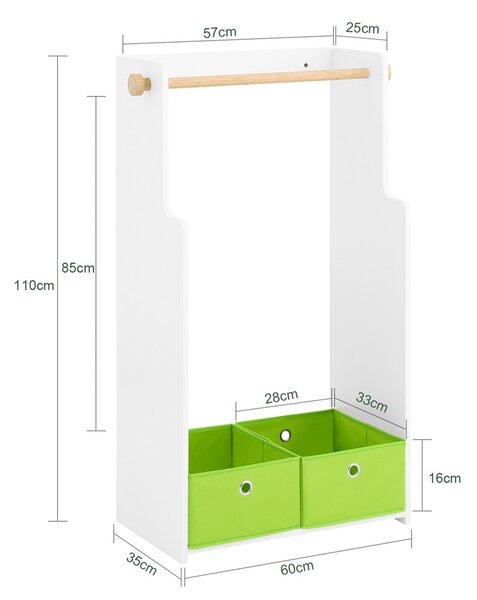Sobuy Kmb109-W Dětský Šatní Stojan Se Závěsnou Tyčí A 2 Látkovými Boxy Bílý