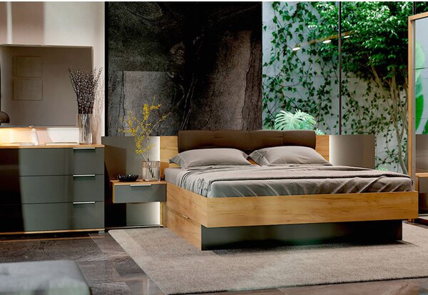 Sada Postel 180x200, měkké čelo, s nočními stolky (bez rámu) Lava / dub kraft Luna