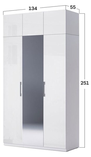 Skříň 3dveřová se zrcadlem + Antresol 3 dveře, série N bílá Family