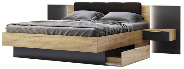 Sada Postel 180x200, měkké čelo, s nočními stolky (bez rámu) Lava / dub kraft Luna