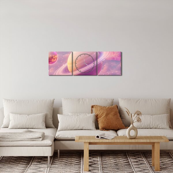 Obraz - Růžová planeta (s hodinami) (90x30 cm)