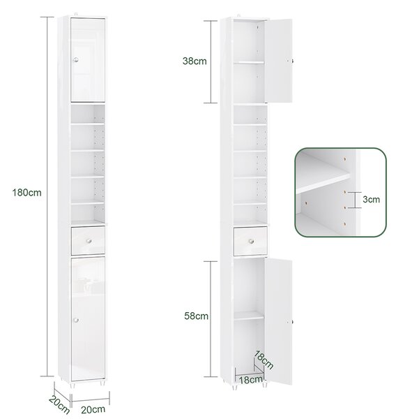Sobuy Bzr167-Gw 20Cm Široká Vysoká Skříň Z Masivu Do Koupelny Matná & Vysoký Lesk Bílá
