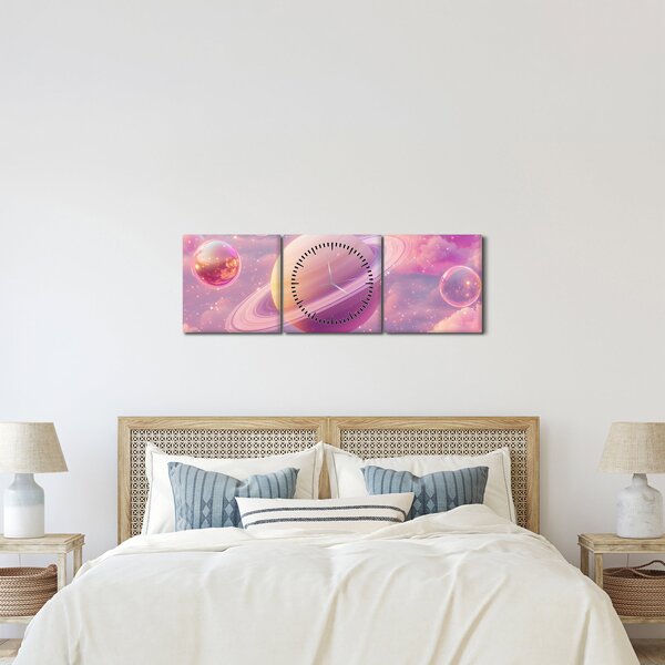 Obraz - Růžová planeta (s hodinami) (90x30 cm)