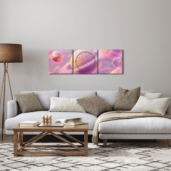Obraz - Růžová planeta (s hodinami) (90x30 cm)