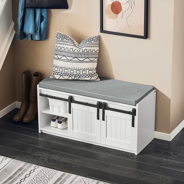 Sobuy Fsr133-K-W Lavice Na Boty Se Sedátkem Skříňka Na Boty S Posuvnými Dveřmi Komoda Na Boty Úzký Botník Wd Cca 90X46X35Cm Bílá Barva