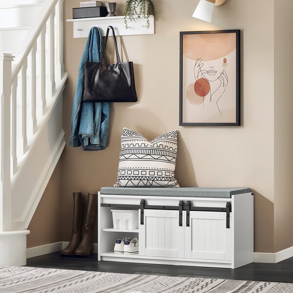 Sobuy Fsr133-K-W Lavice Na Boty Se Sedátkem Skříňka Na Boty S Posuvnými Dveřmi Komoda Na Boty Úzký Botník Wd Cca 90X46X35Cm Bílá Barva
