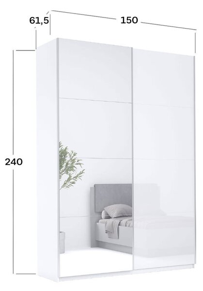 Skříň s posuvnými dveřmi 1,5x2,4m (Dveře Lesklé Bílé/Zrcadlo), série N Family