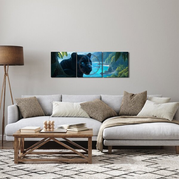 Obraz - Černý panter v džungli (s hodinami) (90x30 cm)