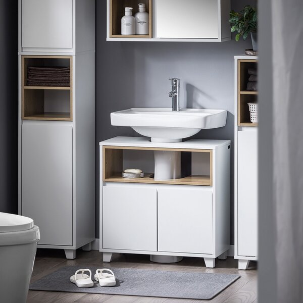 Sobuy Bzr148-W Toaletní Skříňka Se 2 Dveřmi A 1 Otevřenou Přihrádkou Bílá Rozměry Cca 60X61X30Cm