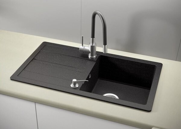 Černý kuchyňský granitový dřez QUADRON READY- MAX + BATERIE A DÁVKOVAČ NA SAPONÁT
