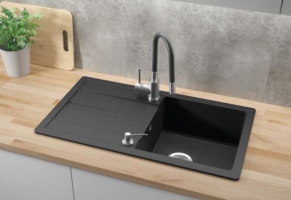 Černý kuchyňský granitový dřez QUADRON READY- MAX + BATERIE A DÁVKOVAČ NA SAPONÁT