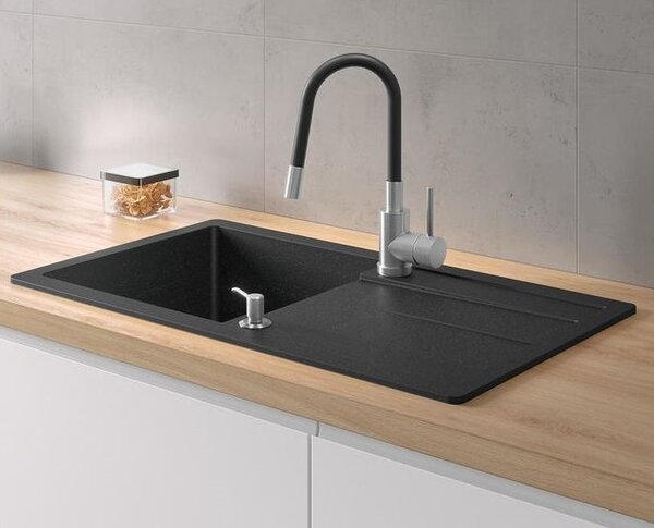 Černý kuchyňský granitový dřez QUADRON READY- MAX + BATERIE A DÁVKOVAČ NA SAPONÁT