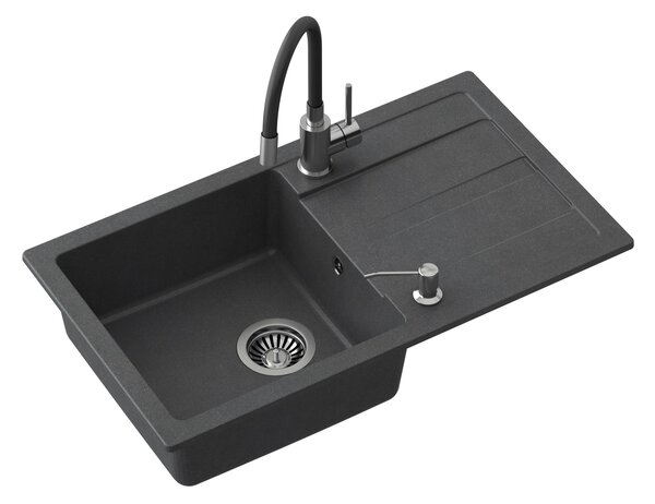 Černý kuchyňský granitový dřez QUADRON READY- MAX + BATERIE A DÁVKOVAČ NA SAPONÁT