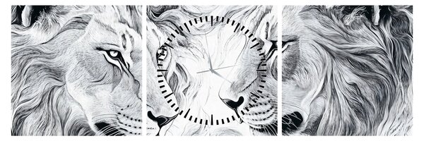 Obraz - Kreslené lví hlavy (s hodinami) (90x30 cm)