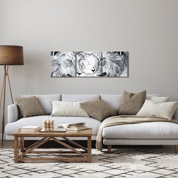Obraz - Kreslené lví hlavy (s hodinami) (90x30 cm)