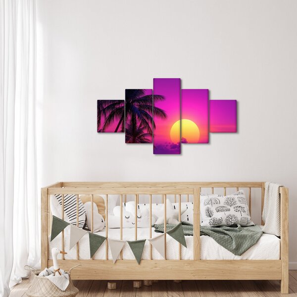 Obraz - Fialový západ s palmou (125x70 cm)