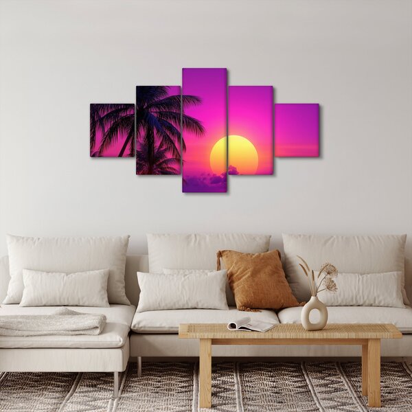 Obraz - Fialový západ s palmou (125x70 cm)