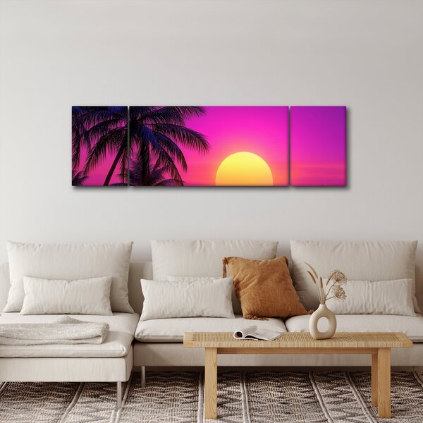Obraz - Fialový západ s palmou (170x50 cm)