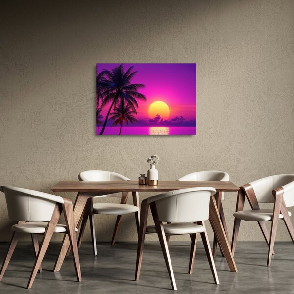 Skleněný obraz - Fialový západ s palmou (70x50 cm)