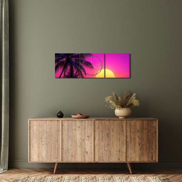 Obraz - Fialový západ s palmou (s hodinami) (90x30 cm)