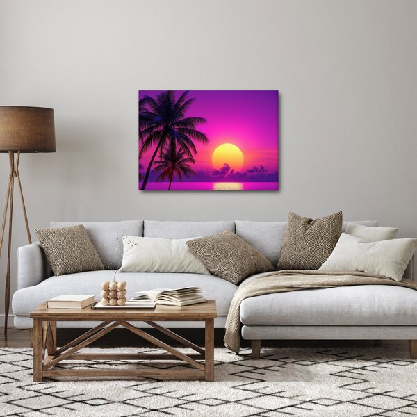 Obraz - Fialový západ s palmou (70x50 cm)