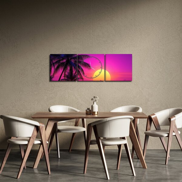 Obraz - Fialový západ s palmou (s hodinami) (90x30 cm)