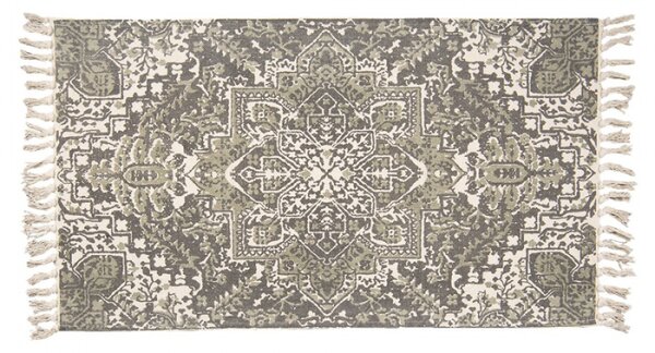 Šedo-zelený bavlněný koberec s ornamenty a třásněmi – 140x200 cm