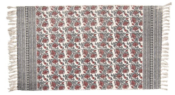 Červeno-zelený bavlněný koberec s květy a třásněmi – 140x200 cm