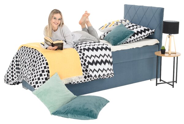 KONDELA Boxspringová postel, jednolůžko, modrá, 90x200, pravá, PAXTON